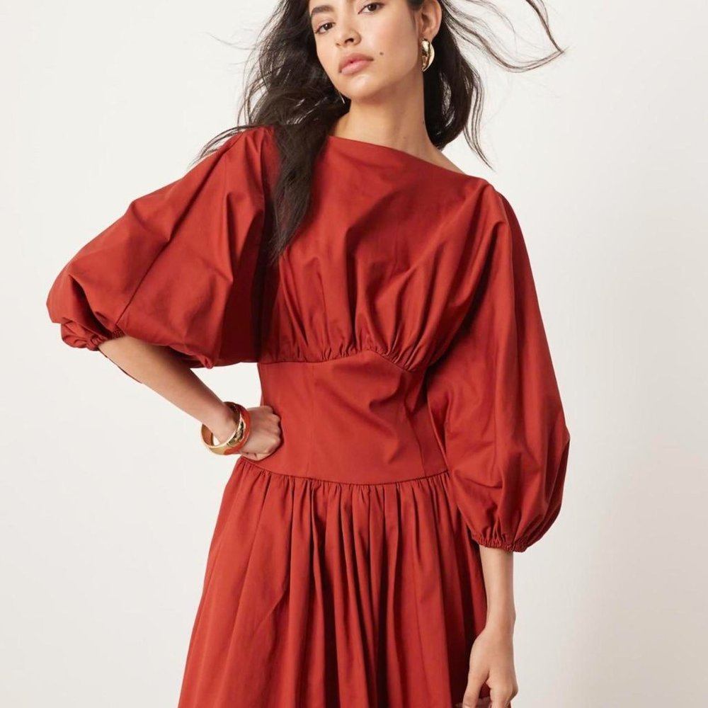 IN SEARCH OF ASOS Edition cotton cinched waist midaxi dress with balloon sleeve